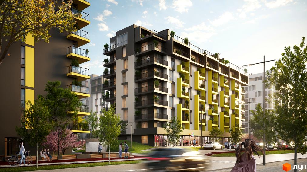 Житловий комплекс AUROOM SUNRISE з яскравими жовтими елементами та балконами. Навколо комплексу зелені дерева та місця для відпочинку.