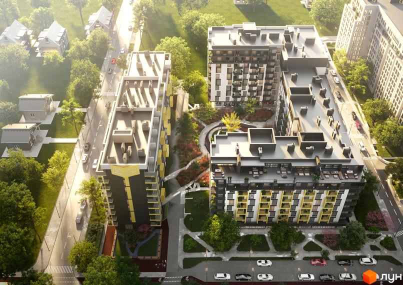 Житловий комплекс AUROOM SUNRISE з фасадами жовто-чорного кольору та зеленою прибудинковою територією. На зображенні видно багатоквартирні будинки та зелені зони.