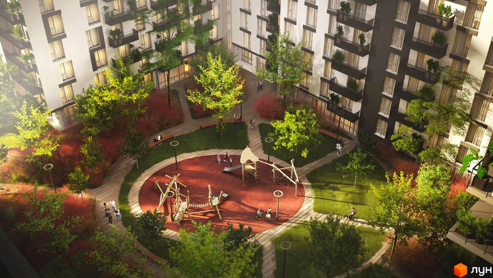 Житловий комплекс AUROOM SUNRISE з дитячим майданчиком та зеленим двором. Сучасна архітектура та комфортна прибудинкова територія.