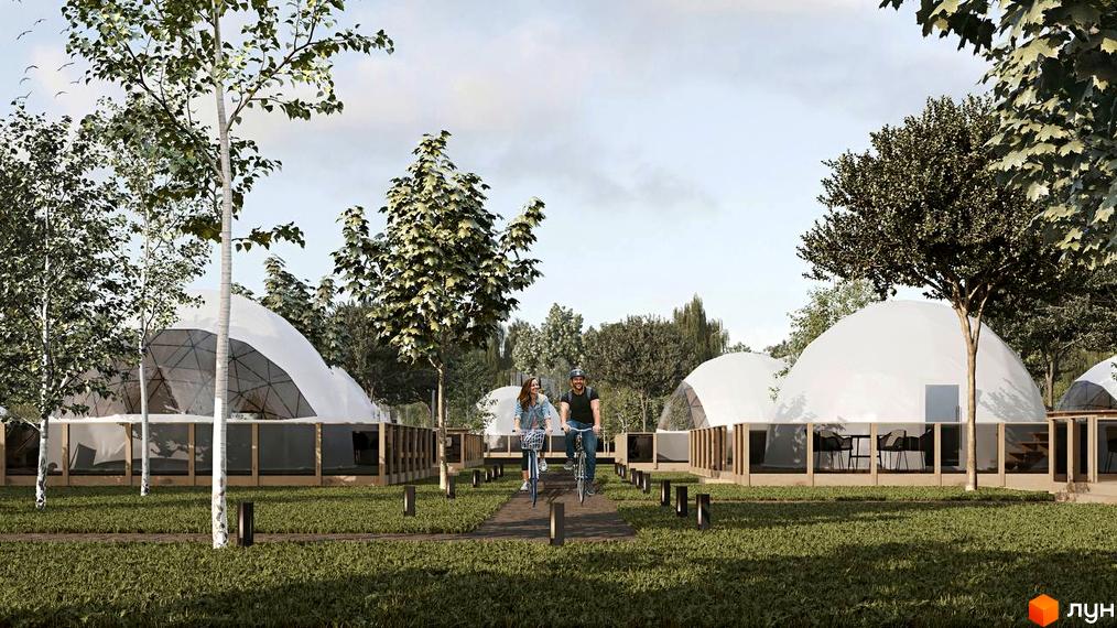 Котеджне містечко Lakeville: купольні будинки та зона відпочинку з людьми на велосипедах. Озеленена територія з доріжками та освітленням.