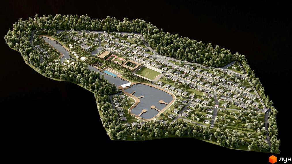 Котеджне містечко Lakeville - вид зверху на забудову з озером та спортивними об'єктами. Затишні будинки оточені зеленню та мають вихід до води.