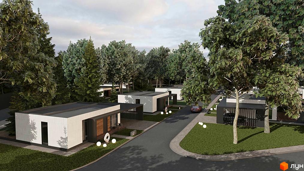 Котеджне містечко Lakeville. Одноповерхові будинки з пласкими дахами та великими вікнами, розташовані серед дерев. На території є доглянуті газони та освітлення.