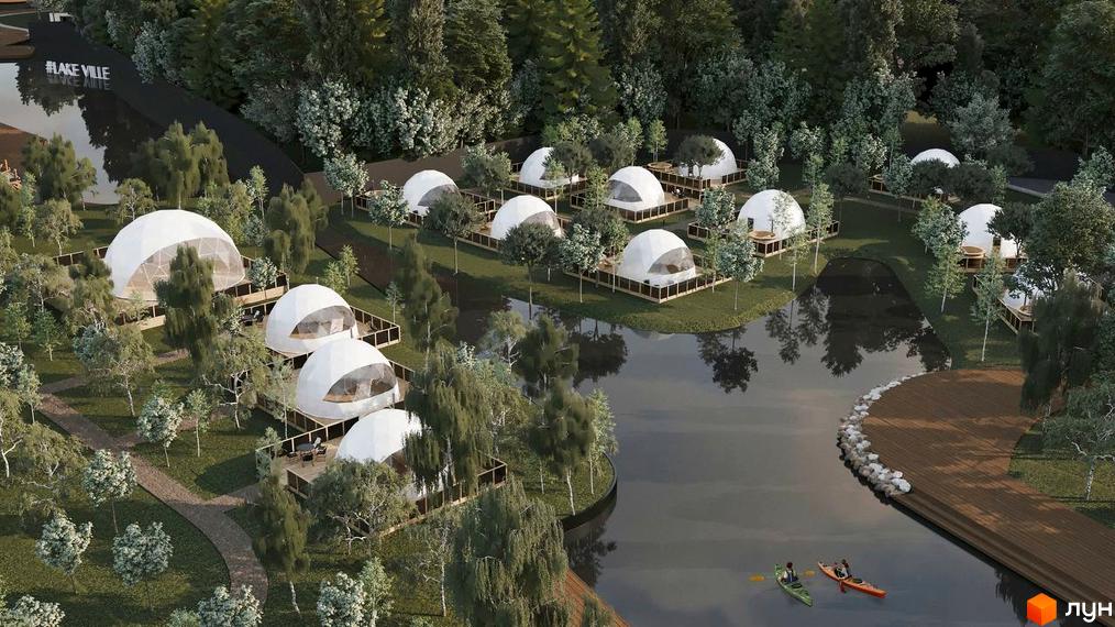 Котеджне містечко Lakeville: купольні будинки на березі озера з дерев'яними терасами та зонами відпочинку. На території є доріжки та місця для водного відпочинку.