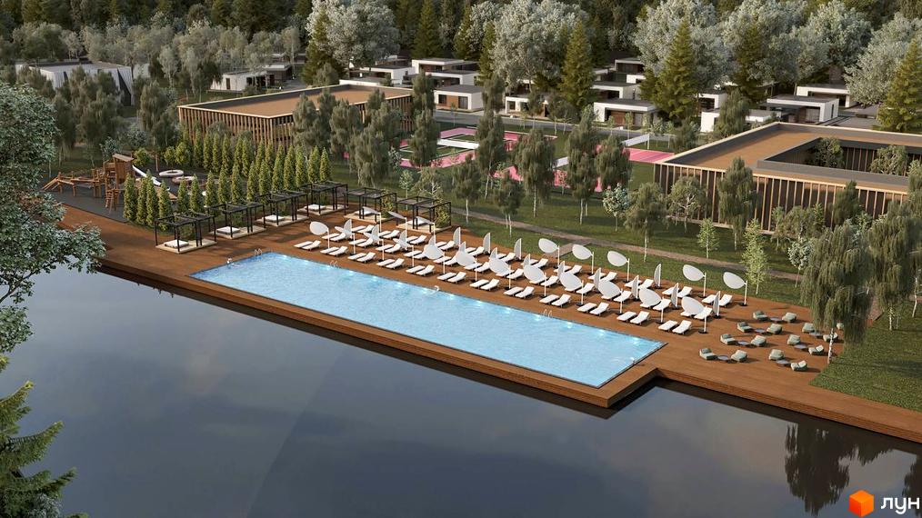 Котеджне містечко КМ Lakeville з басейном та зоною відпочинку. На території комплексу розташовані будинки, дитячий майданчик та зелені насадження.