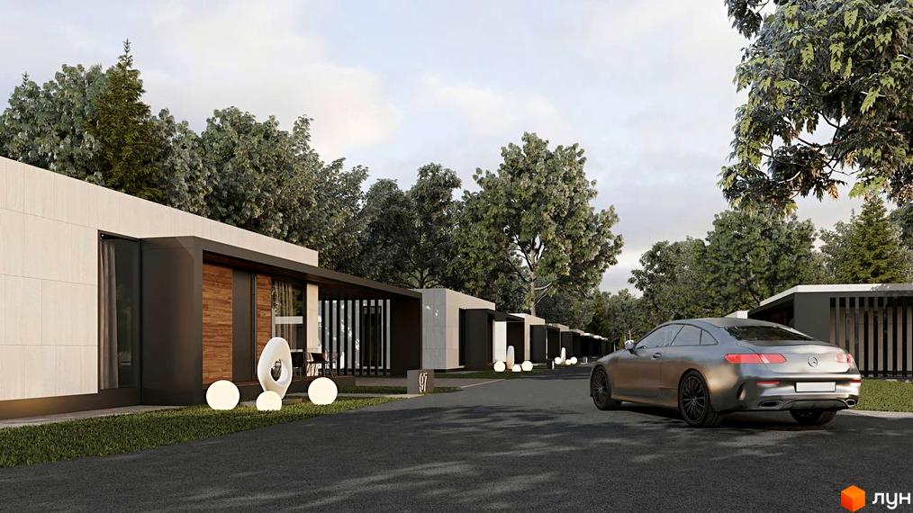 Котеджне містечко Lakeville: сучасні будинки з великими вікнами та дерев'яними елементами, доглянута прибудинкова територія з ландшафтним освітленням та дорогою машиною.