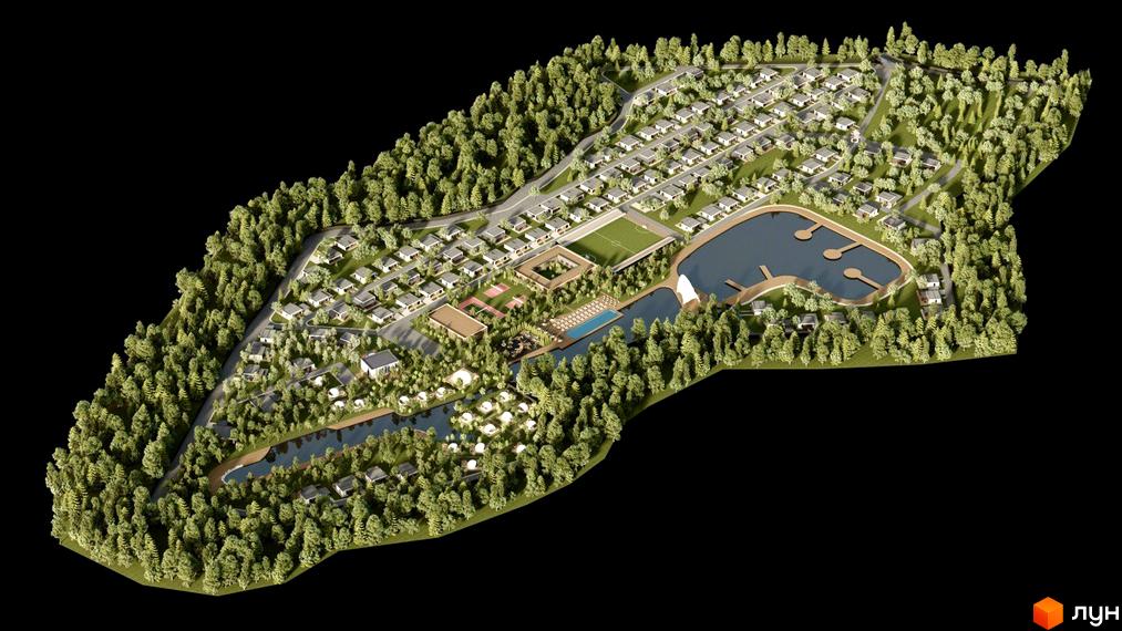 Котеджне містечко Lakeville - це мальовничий житловий комплекс з однотипними будинками, розташований серед густого лісу біля озера. Територія комплексу включає спортивні майданчики, басейн та зони відпочинку.