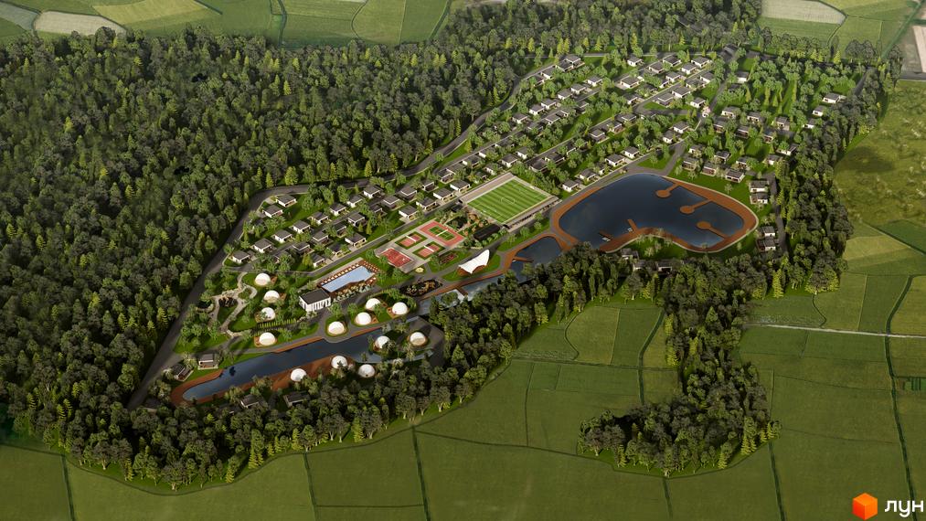 Котеджне містечко Lakeville: вид згори на приватні будинки, спортивні майданчики та озеро. Навколо комплексу – зелені насадження та поля.