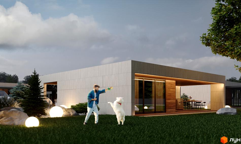 Котеджне містечко Lakeville: одноповерховий будинок з великими вікнами та терасою, оточений доглянутим газоном та декоративними кулями.