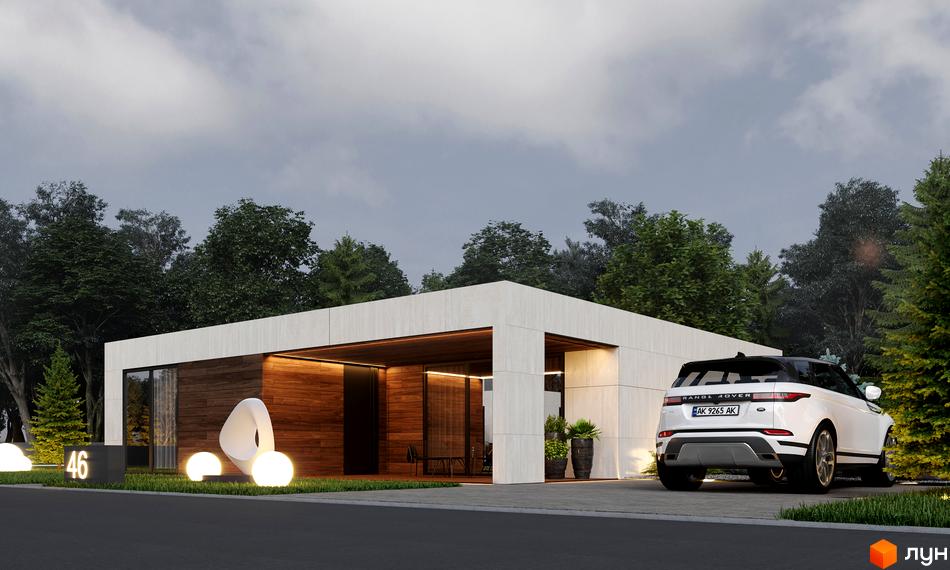 Котеджне містечко КМ Lakeville: одноповерхова новобудова з дерев'яним фасадом та великими вікнами, прибудинкова територія з ландшафтним освітленням та автомобілем Range Rover.