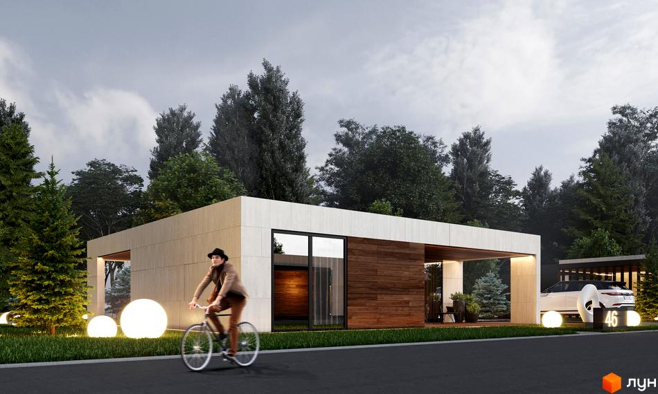 Котеджне містечко KMLakeville: одноповерховий будинок з дерев'яною та кам'яною обробкою, великими вікнами та навісом. На прибудинковій території розташовані освітлювальні кулі та автомобіль.