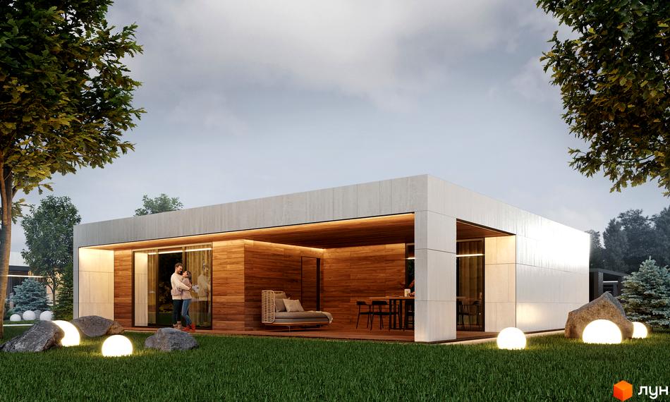 Котеджне містечко КМ Lakeville: одноповерховий будинок з дерев'яною обшивкою та великими вікнами, розташований на доглянутому газоні з декоративними кулями та каменями.