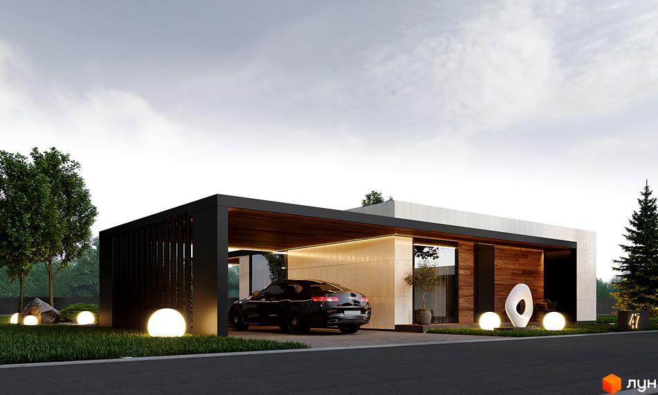 Котеджне містечко КМ Lakeville: одноповерховий будинок з навісом для авто та ландшафтним дизайном з кулястими ліхтарями.