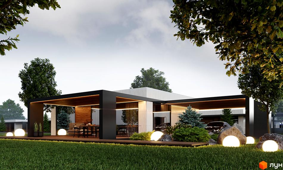 Котеджне містечко KMLakeville. Сучасний одноповерховий будинок з терасою та панорамними вікнами, оточений доглянутим газоном та декоративними рослинами.