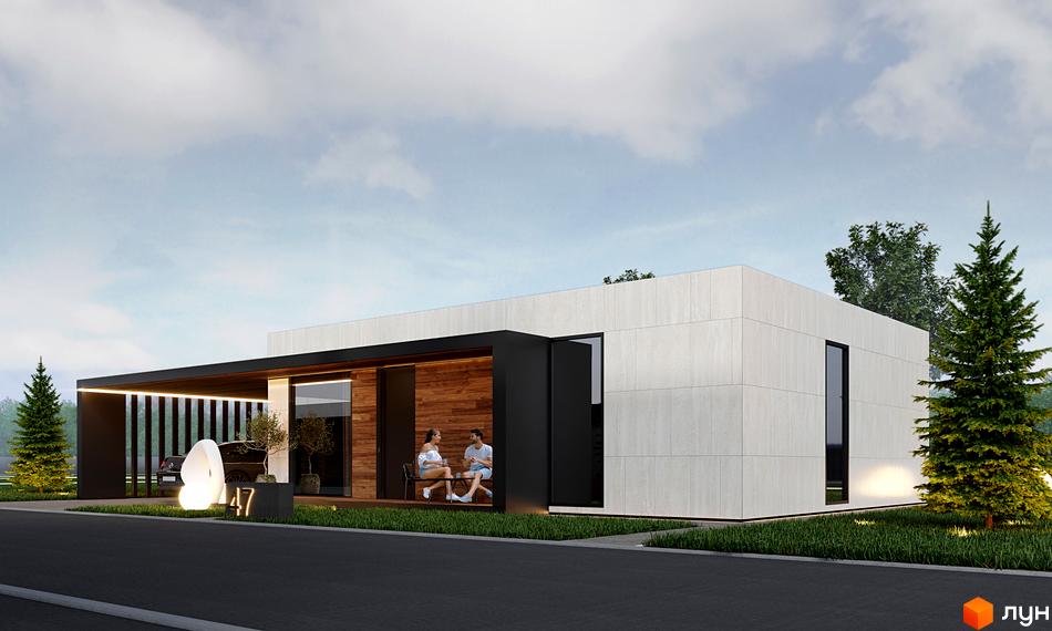 Котеджне містечко Lakeville: одноповерховий будинок з білим фасадом, дерев'яною обшивкою та навісом для авто. Прибудинкова територія з газоном, деревами та освітленням.