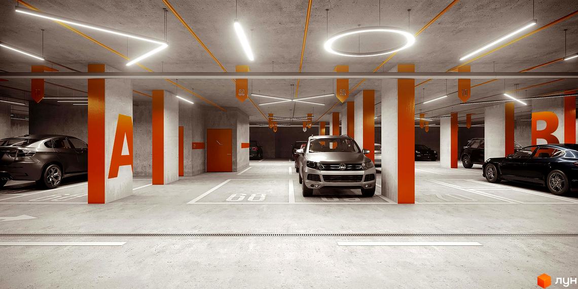 Паркінг в Будівельному проєкті Unity Towers. Критий паркінг з автомобілями та освітленням.