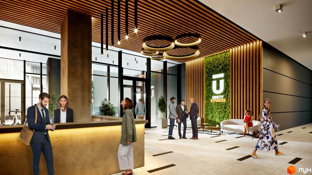 Інтер'єр холу Новобудови Unity Towers з рецепцією та зоною очікування. Дизайн з дерев'яними елементами та вертикальним озелененням.