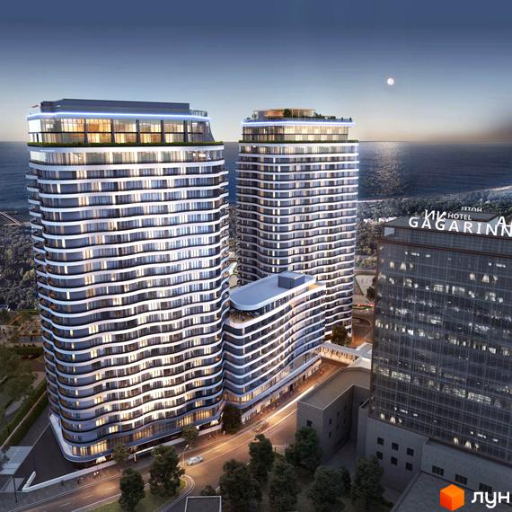 Зображення житлового комплексу Unity Towers. Висотні будинки з великою кількістю вікон, розташовані біля моря.