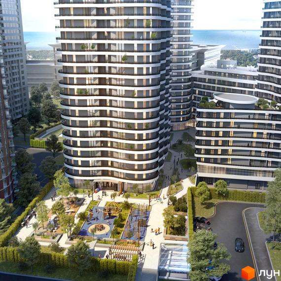 Високі житлові будівлі Unity Towers з білими хвилястими фасадами та балконами з рослинами. Навколо облаштована прибудинкова територія з дитячими майданчиками та зеленими насадженнями.