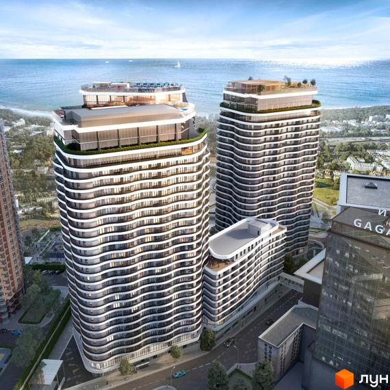 Зображення двох високих будівель Житлового комплексу Unity Towers з хвилястими балконами та терасами на даху. Вид на море та міську забудову.