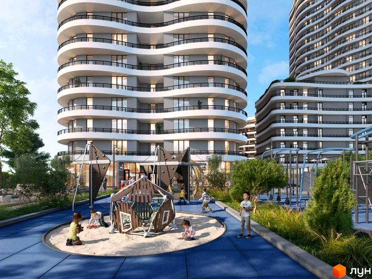Житловий комплекс Unity Towers: високі будівлі з хвилястими балконами та світлими фасадами. Поруч облаштований дитячий майданчик з пісочницею.