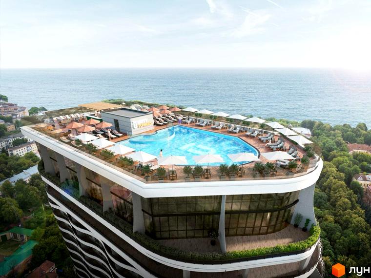 Зображення сторінки Житлового комплексу Unity Towers з басейном на даху та видом на море. Архітектура будівлі, прибудинкова територія.