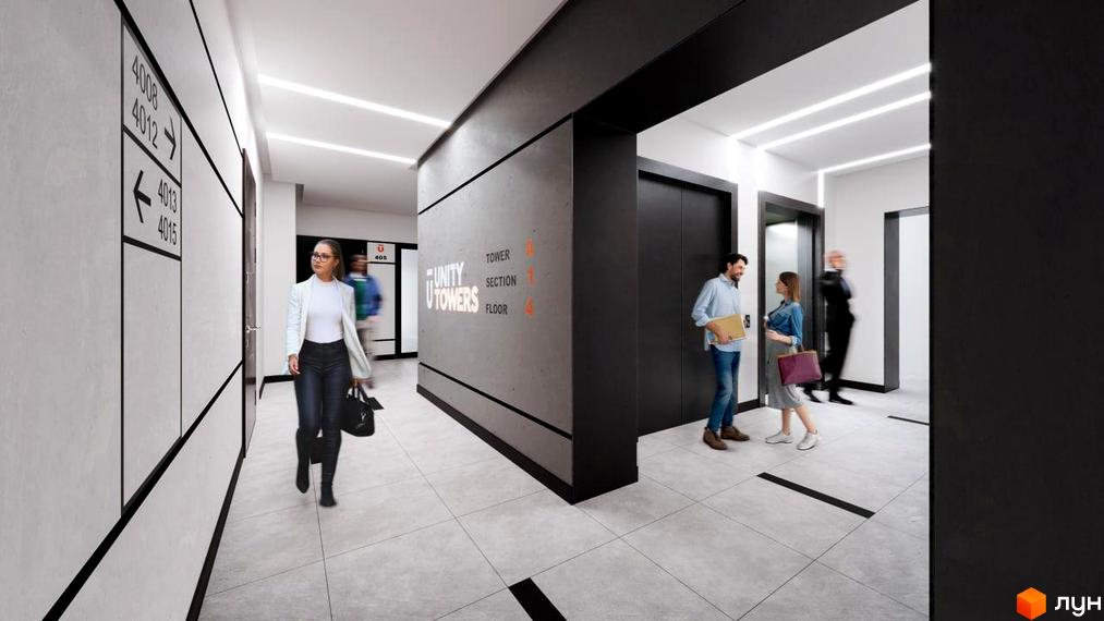 Інтер'єр холу житлового комплексу Unity Towers з навігацією та ліфтами.