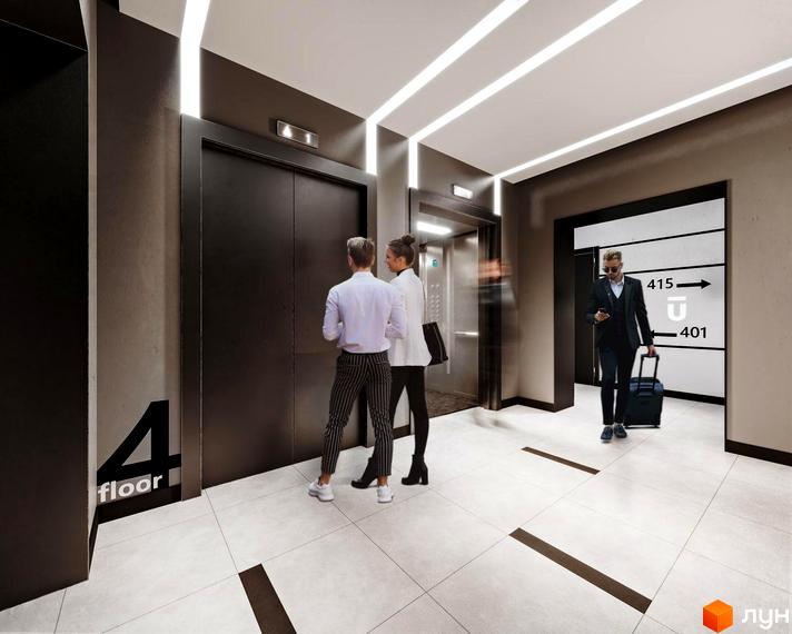 Інтер'єр четвертого поверху житлового комплексу Unity Towers: просторий хол з ліфтами та навігацією до квартир 401-415.