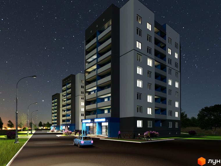 Житловий комплекс PetrovSky вночі. Багатоповерхові будинки з балконами та вікнами, що світяться, на тлі зоряного неба. Перед будинками дорога, ліхтарі та зелені насадження.