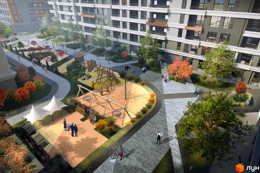 Житловий комплекс MAVERICK RESIDENTIAL COMPLEX з дитячим майданчиком та зонами відпочинку. Сучасна архітектура та озеленена територія.