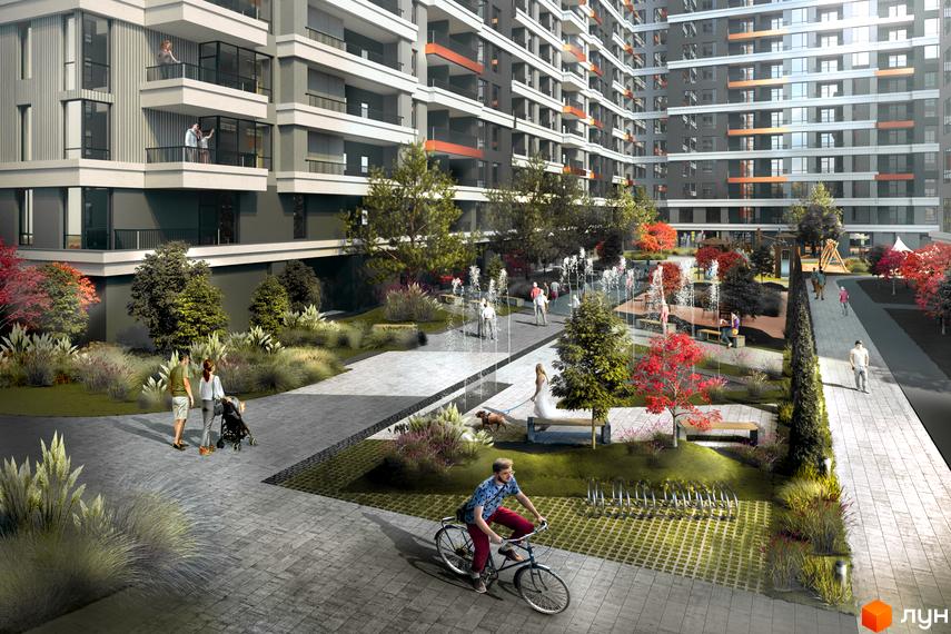 Зовнішній вигляд житлового комплексу MAVERICK RESIDENTIAL COMPLEX з фонтанами та зонами відпочинку. Комплекс має багатоповерхові будинки з балконами та зелену прибудинкову територію.