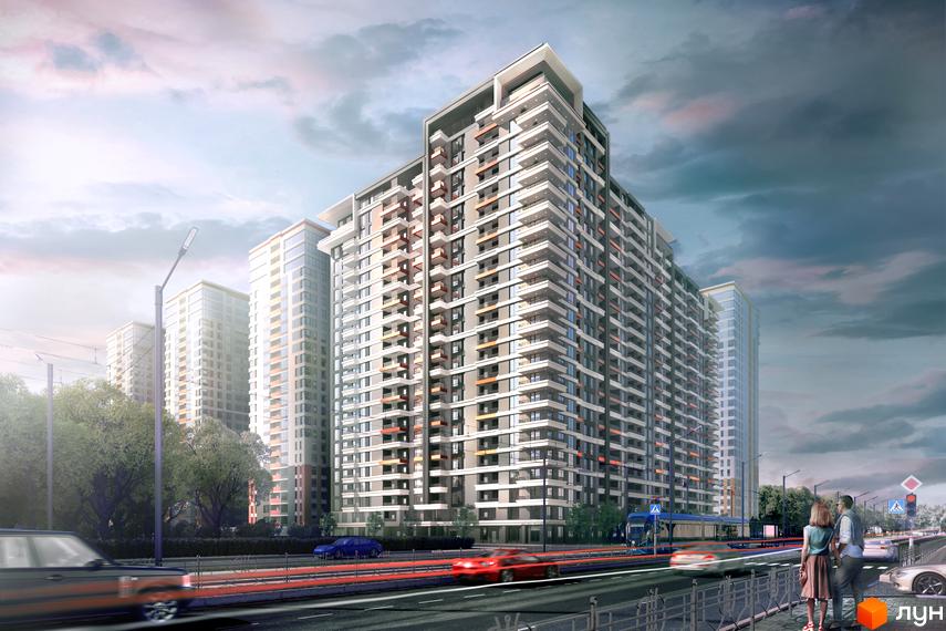 Зовнішній вигляд будівельного проєкту MAVERICK RESIDENTIAL COMPLEX з багатоповерховими будинками та балконами. Навколо новобудови розташовані дерева та дорога з автомобілями.