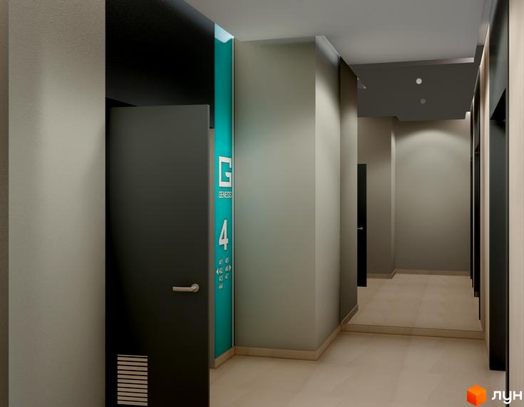 Коридор в ЖК GENESIS з дверима та інформаційною табличкою. Світлі стіни та підлога створюють відчуття простору.