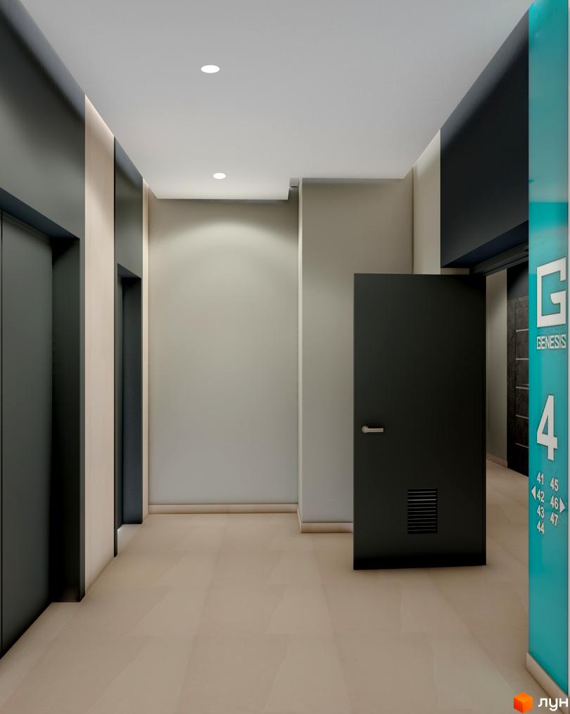 Коридор в ЖК Genesis. Просторий коридор з дверима та ліфтом. Світлі стіни та підлога створюють відчуття простору.