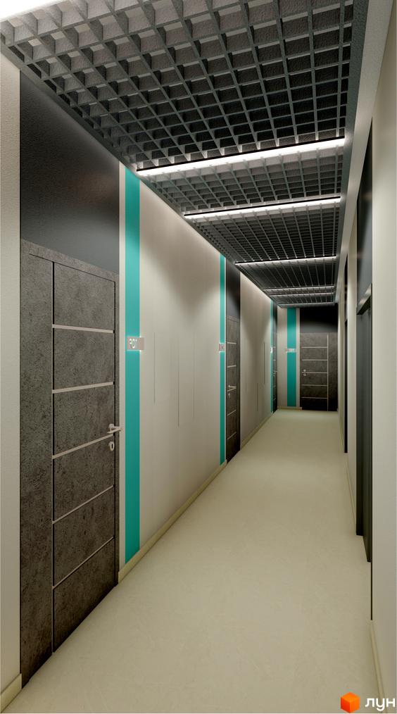 Коридор в ЖК GENESIS з дверима та бірюзовими смугами на стінах. На стелі решітка, що створює цікавий дизайн.
