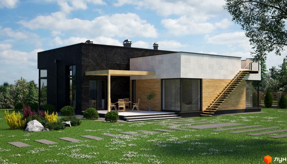 Зображення будинку з чорним фасадом та терасою. Біля будинку газон з доріжками з плитки та дерева, на терасі стоїть стіл з стільцями.