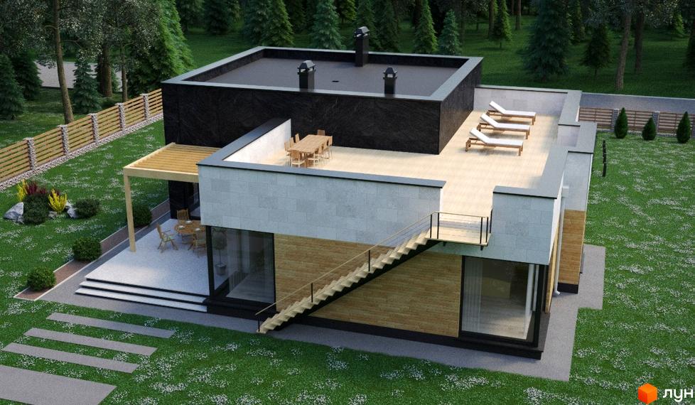 Котеджний комплекс Crystal Forest. Двоповерховий будинок з плоским дахом та терасою. На території є газон, дерева та доріжки з плитки.