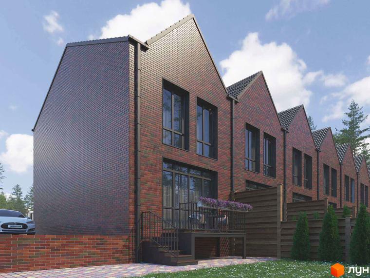 Зображення котеджів з червоної цегли з великими вікнами у Котеджному містечку Positano Park. Подвір'я з газоном та декоративними рослинами.