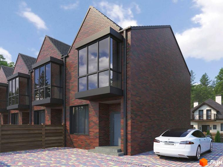 Зовнішній вигляд будинку в Котеджному містечку Positano Park з цегляним фасадом та великими вікнами. Перед будинком припаркований білий автомобіль.