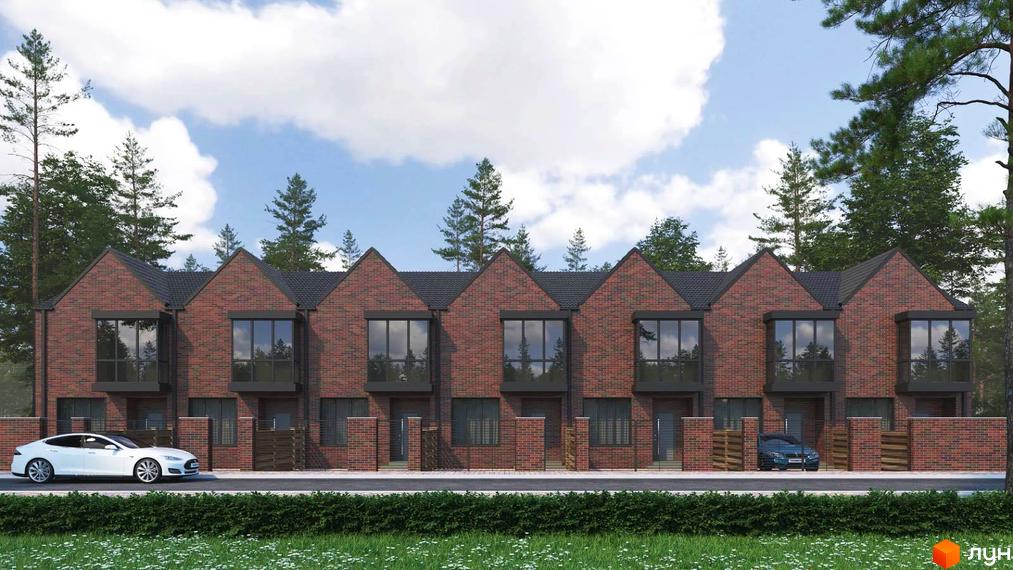 Зображення Котеджного містечка Positano Park: ряд цегляних будинків з великими вікнами та автомобілями на передньому плані.