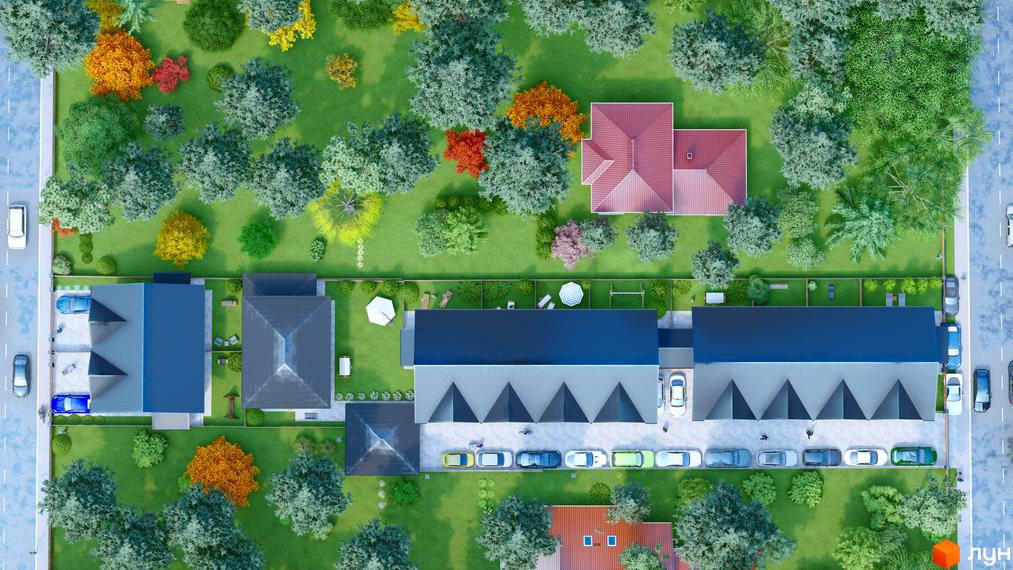 Котеджний комплекс КМ Admiral Park Debut з сучасними будинками та доглянутою прибудинковою територією. Фото з висоти пташиного польоту.