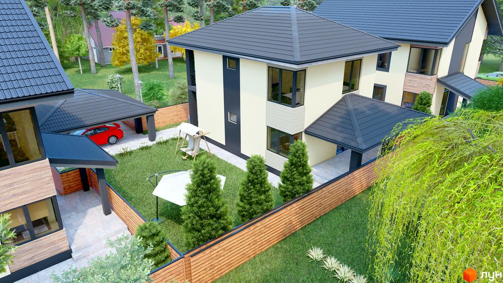 КМ Admiral Park Debut - двоповерхові будинки з сірими дахами та світлими фасадами, зелена прибудинкова територія з деревами та дитячим майданчиком.