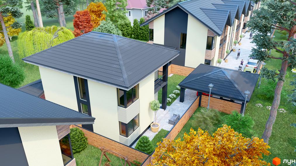 Котеджне містечко КМ Admiral Park Debut: двоповерхові будинки з темними дахами та світлими фасадами, огороджена територія з газоном та деревами.