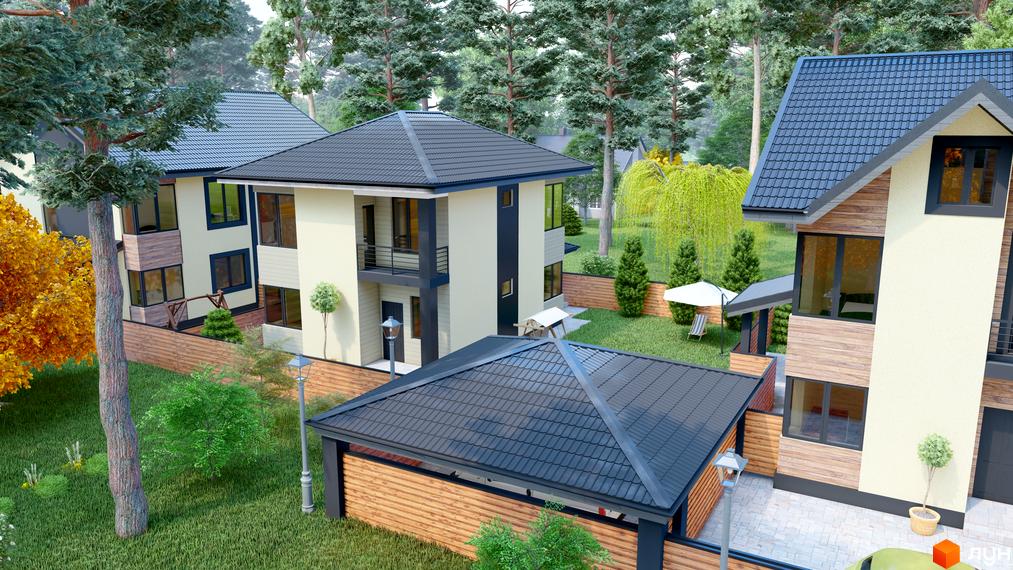 Котеджне містечко КМ Admiral Park Debut: двоповерхові будинки з темним дахом та світлими фасадами, розташовані серед дерев. На прибудинковій території зелений газон, паркан та альтанка.