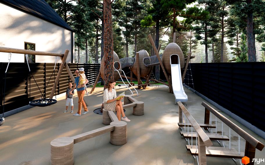 Котеджне містечко КМ PRO hygge: дитячий майданчик з гіркою та гойдалками біля будинку. На території є зона відпочинку та зелені насадження.