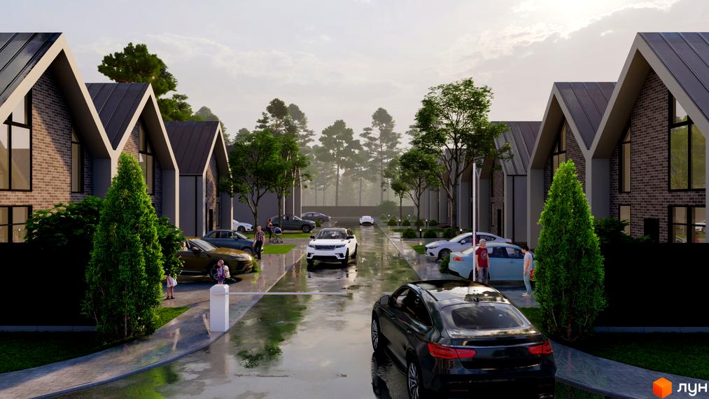 Котеджне містечко КМ PRO hygge: сучасна архітектура будинків з двосхилими дахами та доглянута прибудинкова територія з деревами та автомобілями.