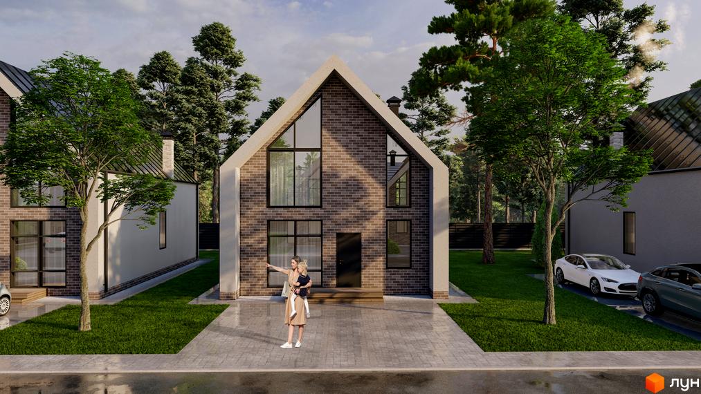 Зовнішній вигляд будинку КМ PRO hygge з цегляним фасадом та великими вікнами, оточений зеленою прибудинковою територією з деревами та автомобілями.