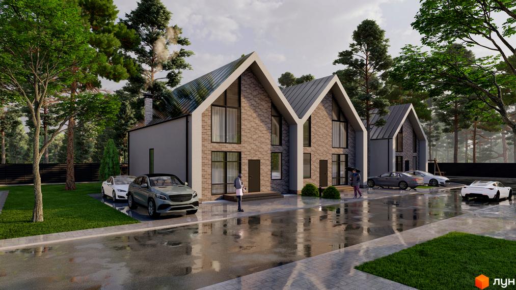 Котеджне містечко КМ PRO hygge. Сучасні будинки з цегляним фасадом та великими вікнами, прибудинкова територія з доглянутим газоном та автомобілями на парковці.