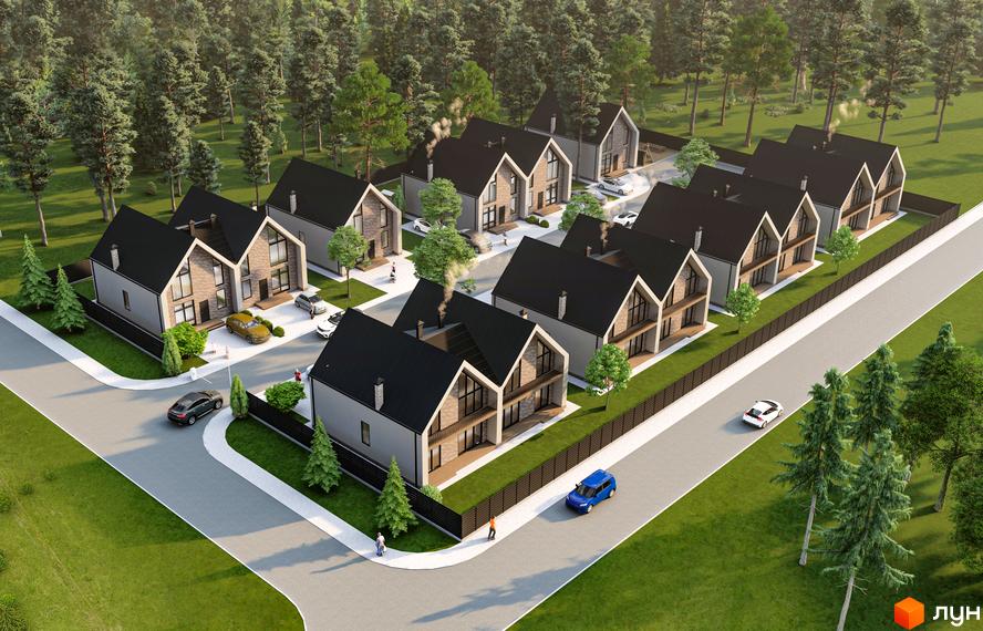 Котеджне містечко КМ PRO hygge з сучасними будинками та доглянутою прибудинковою територією. Забудова розташована серед дерев.