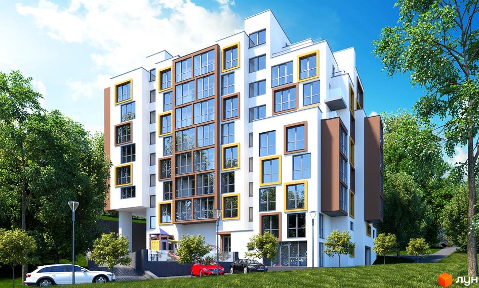 Фасад житлового комплексу на вул. Очеретяна, 11, з великою кількістю вікон та балконів, оточений деревами та зеленою зоною.