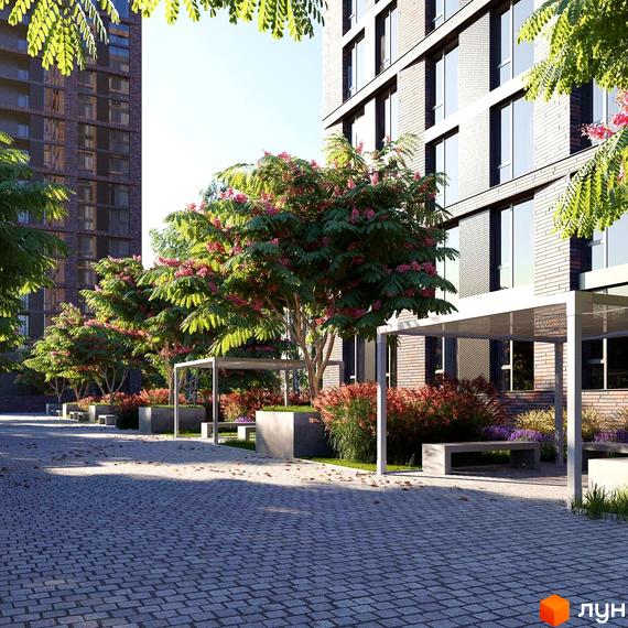 Будівельний проєкт MARSHALL з цегляним фасадом та великими вікнами, облаштована прибудинкова територія з деревами та зонами відпочинку.